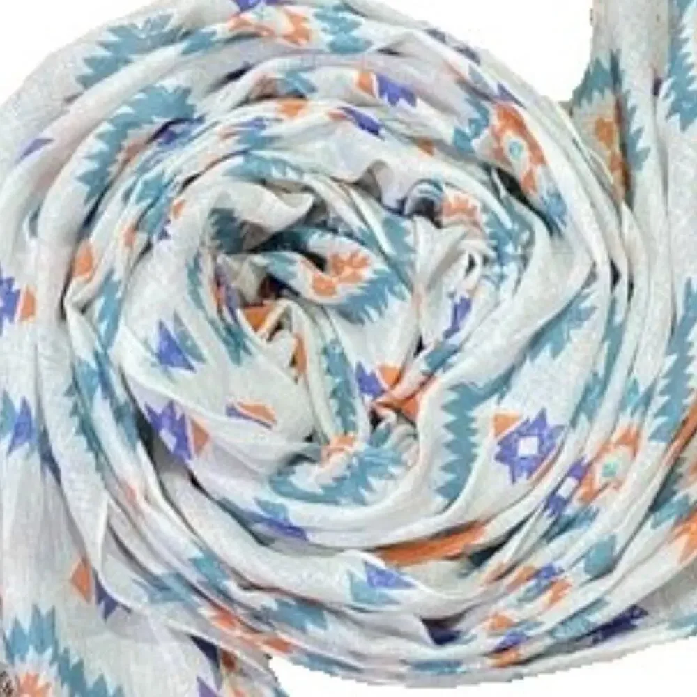 Funky Boho Raw Edge Scarf White with Multicolor Aztec Tribal Print L72